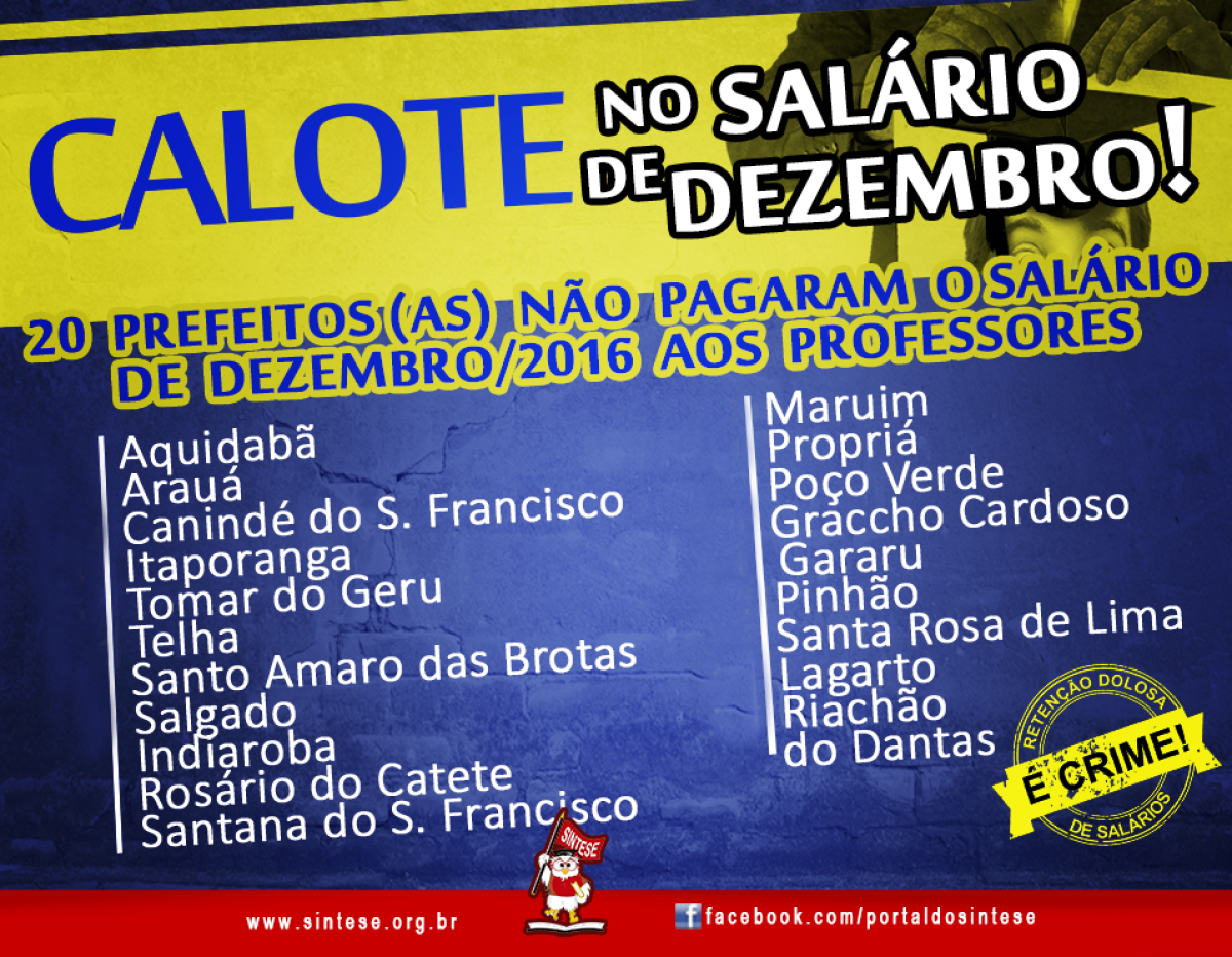 20 municípios não pagam salários de dezembro e descumprem decisão do TCE/Sergipe (Imagem: Sintese)