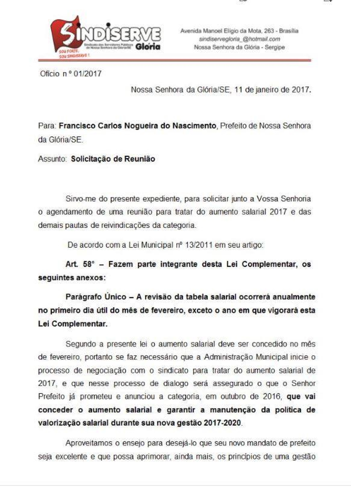 Ofício solicitando reunião com o Prefeito Chico do Correio (Imagem: Portal Mais Sertão)