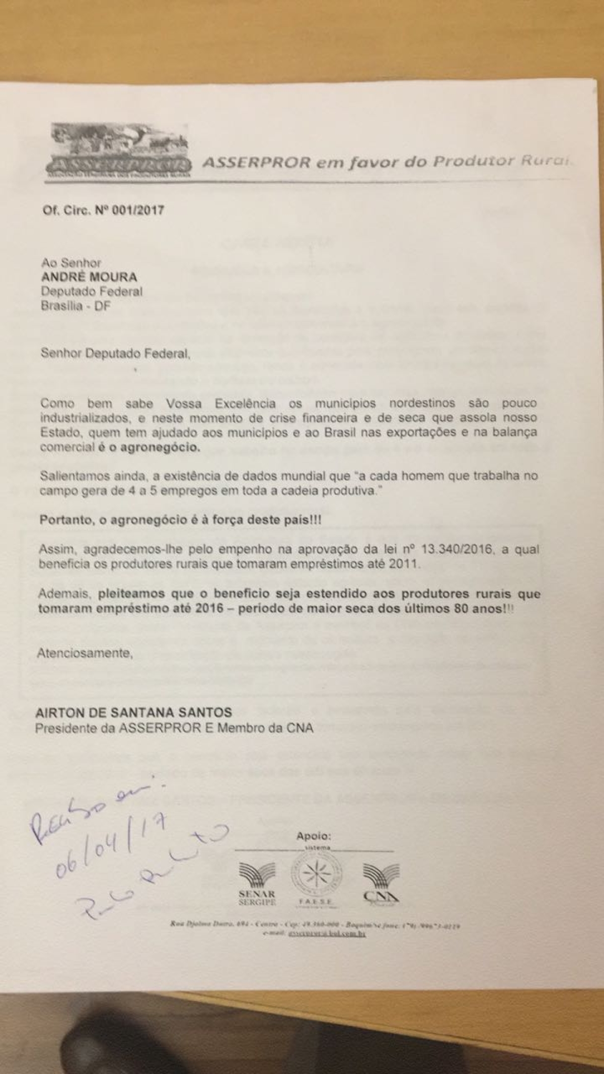 Ofício de agradecimento ao líder do governo no Congresso Nacional André Moura