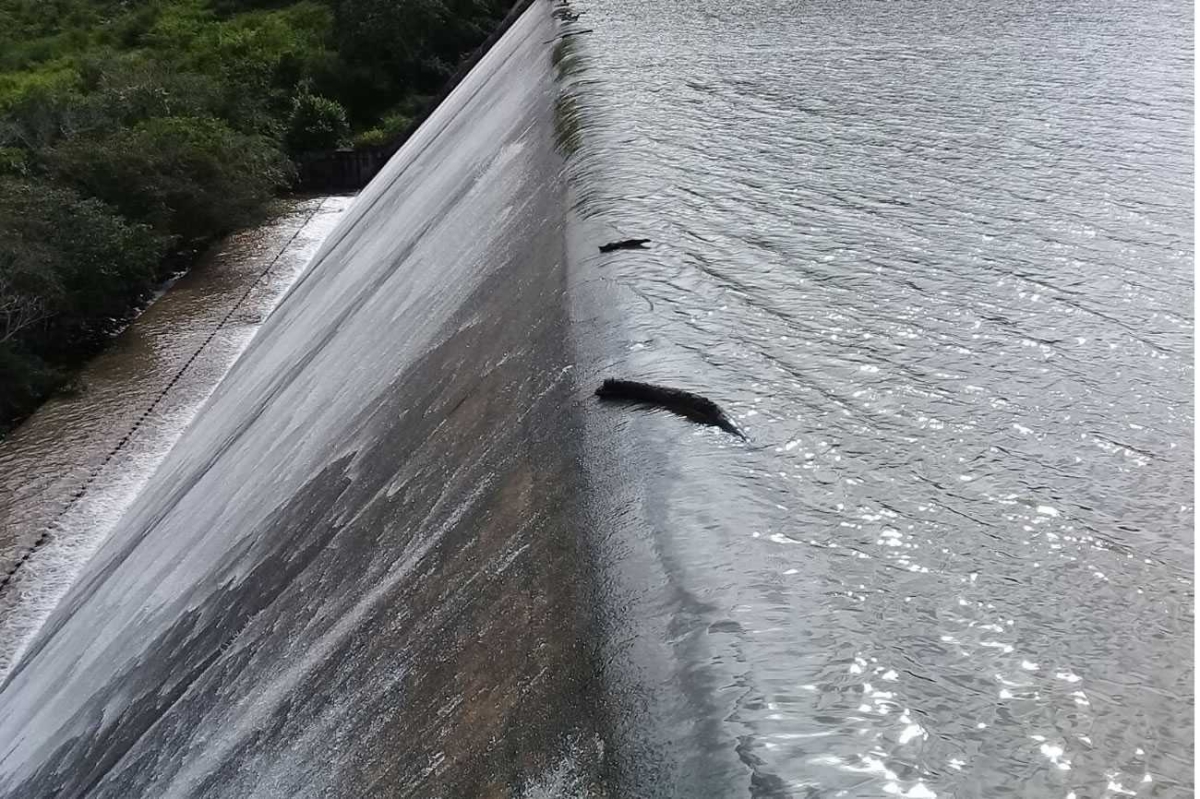 Barragem do Perímetro Jabiberi, em Tobias Barreto, encheu e verteu [transbordou]. No Jacarecica I e Ribeira, em Itabaiana, reservatórios elevaram o nível da água significativamente (Foto: Fernando Augusto/Cohidro/SE)