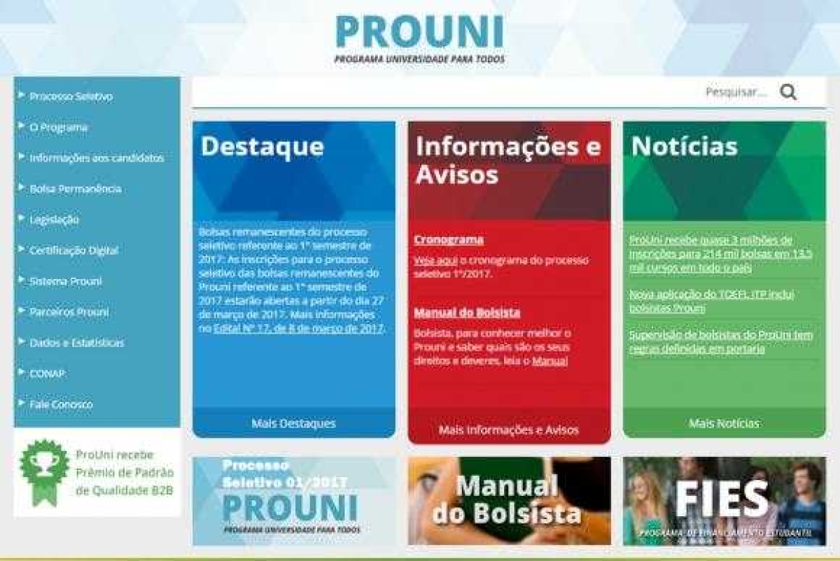 Aqueles que não foram selecionados em nenhuma das chamadas do ProUni do segundo semestre de 2017 podem participar da lista de espera, de 7 a 10 de julho (Imagem: Reprodução/Site do Prouni)
