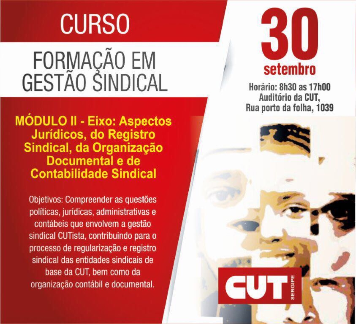 CUT/Sergipe promove curso de formação neste sábado, 30/9 (Imagem: Divulgação/CUT/SE)