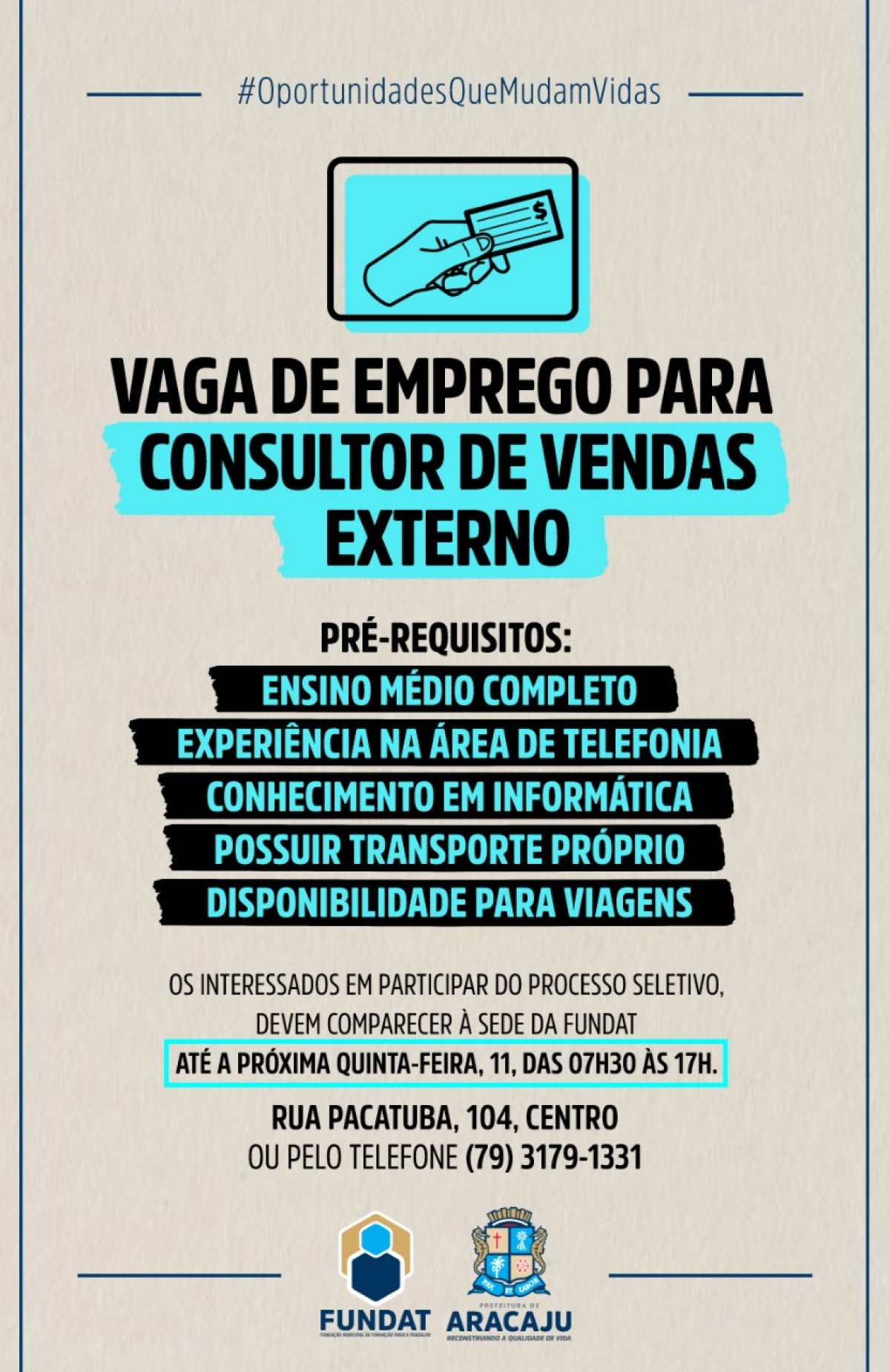 Vaga de emprego para consultor de vendas externas (Imagem: PMA)