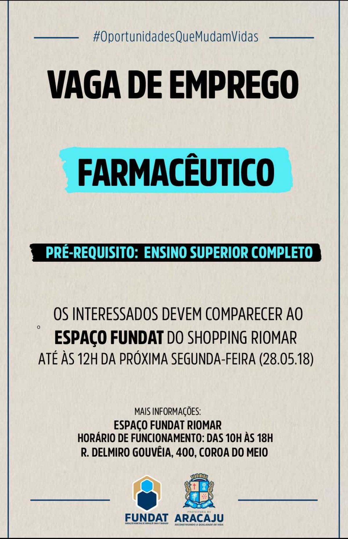 Fundat/Aracaju está com vaga de emprego para farmacêutico (Imagem: Divulgação)