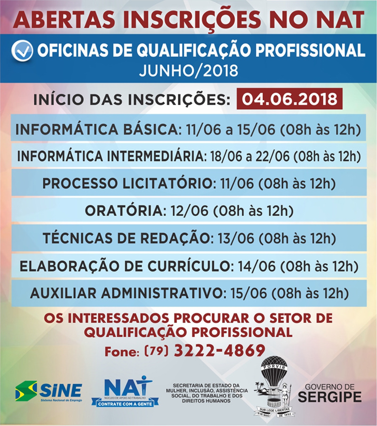 NAT oferece 530 novas vagas para sete oficinas de qualificação profissional gratuitas (Foto: Assessoria Seidh/SE)