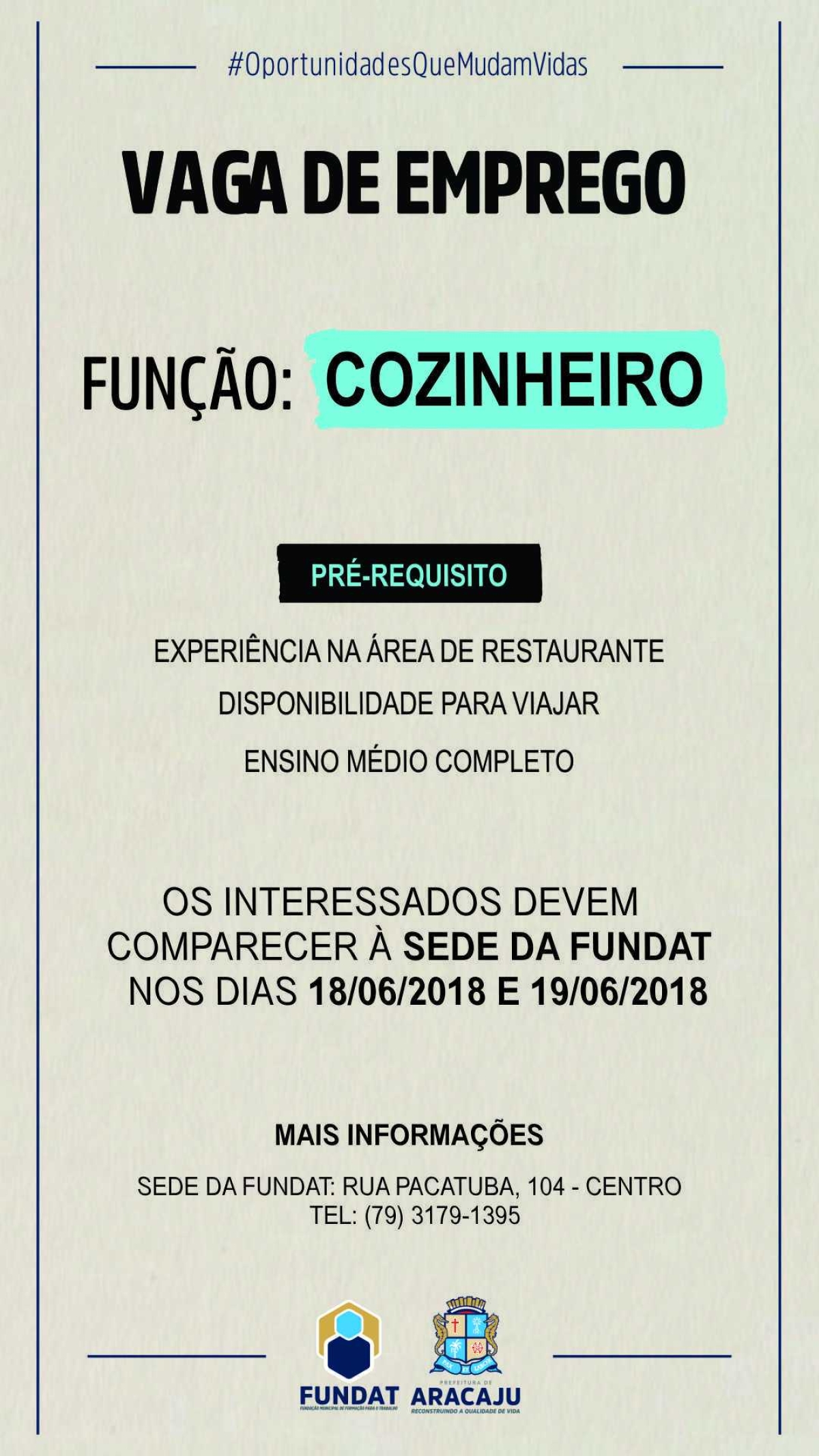 Fundat/Aracaju está com vaga de emprego para cozinheiro (Imagem: Divulgação/ Fundat/Aracaju)
