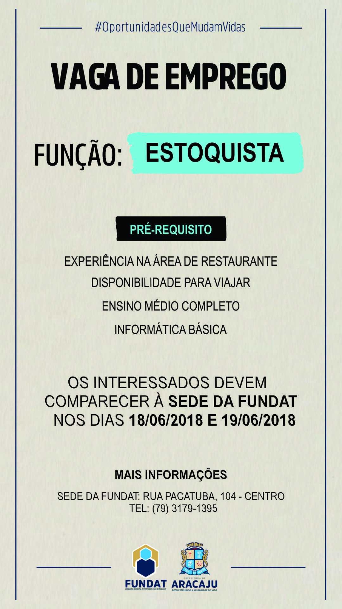 Fundat/Aracaju está com vaga de emprego para estoquista  (Imagem: Divulgação/ Fundat/Aracaju)