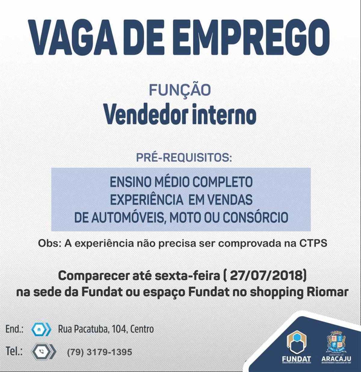 Fundat: vaga de emprego para vendedor interno (Imagem: Fundat)
