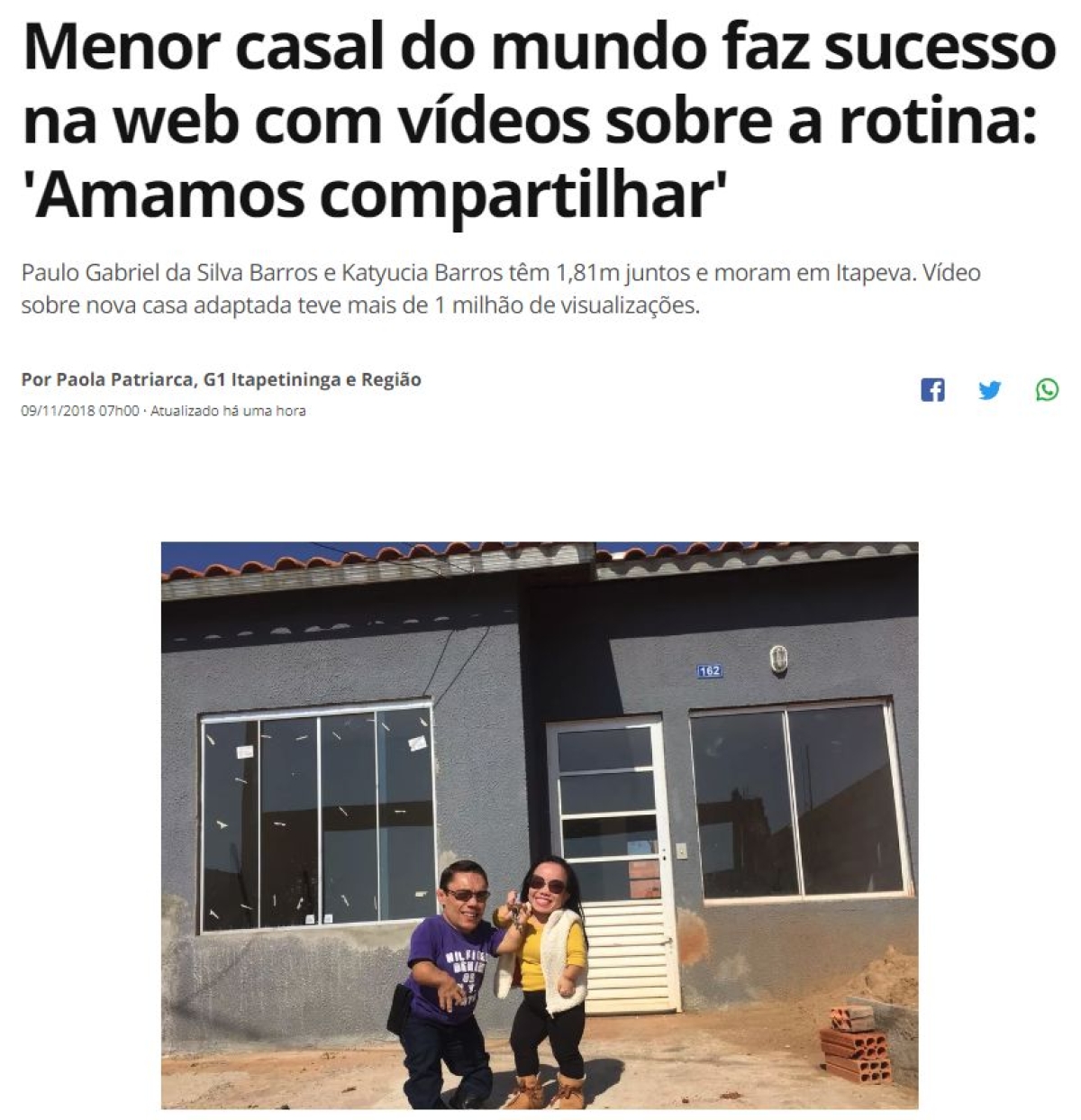 Menor casal do mundo faz sucesso na web com vídeos sobre a rotina: "Amamos compartilhar" (Imagem: Reprodução/ G1)