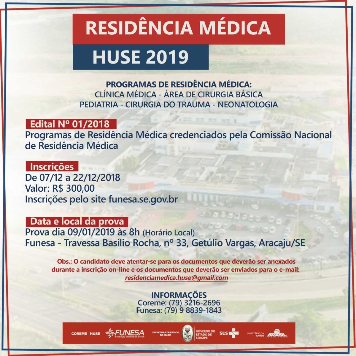 SES Sergipe e Funesa abrem inscrições para Residência Médica 2019 do Huse (Imagem: Divulgação)