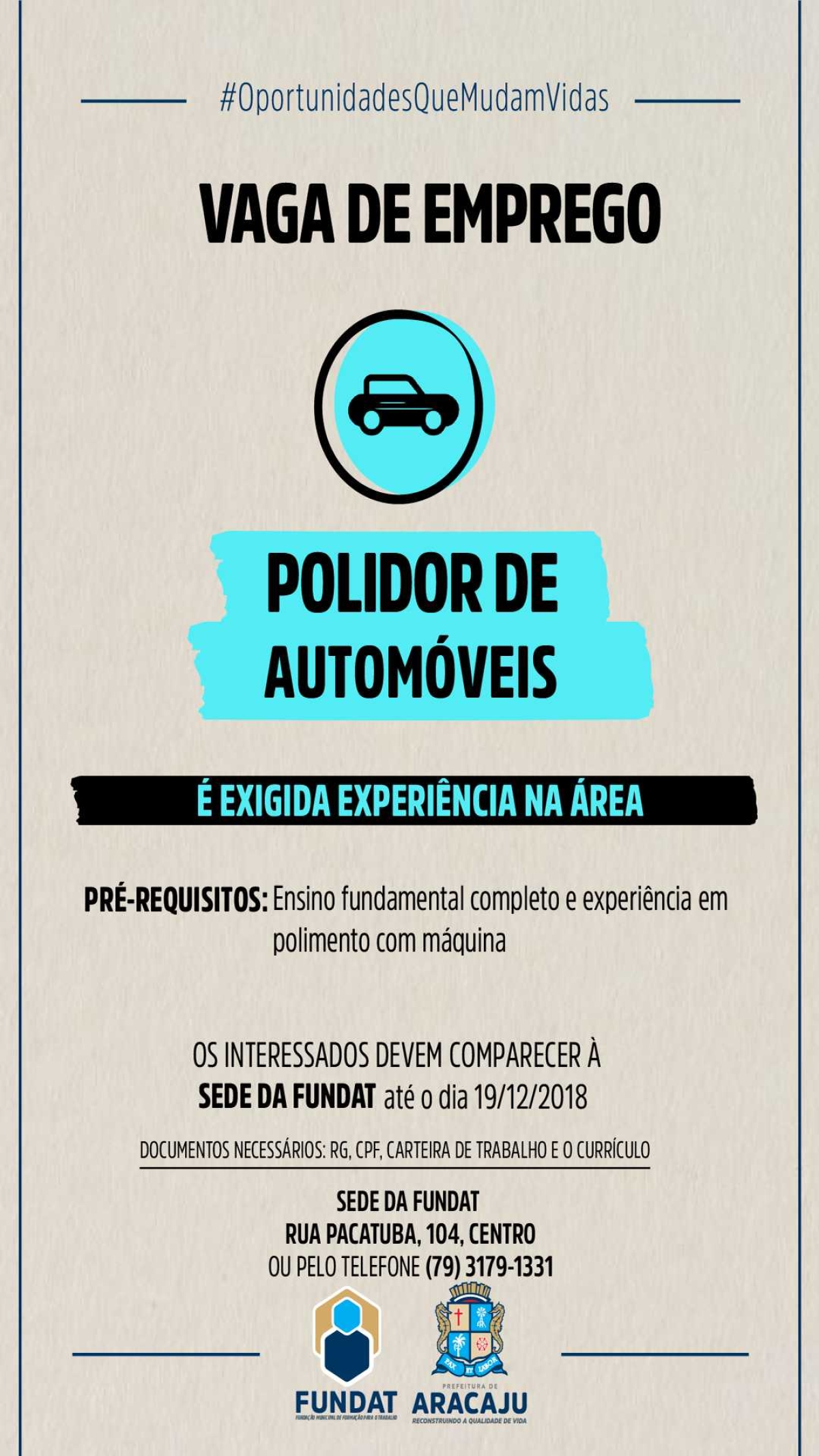 Fundat Aracaju está com vaga de emprego para polidor de automóveis  (Imagem: Divulgação/ Fundat/Aracaju)