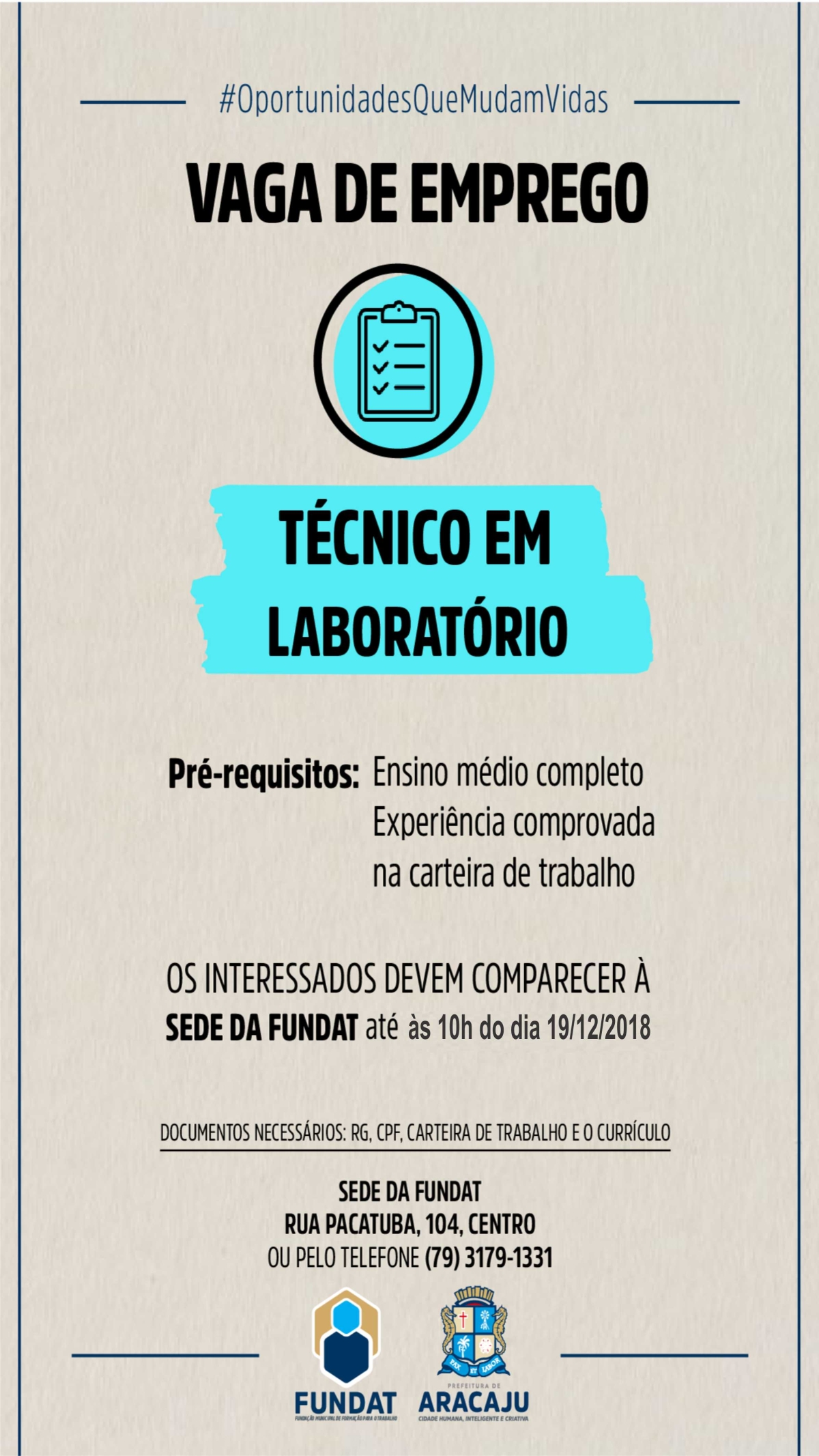 Fundat Aracaju oferta vaga de emprego para técnico em laboratório  (Imagem: Divulgação/ Fundat/Aracaju)