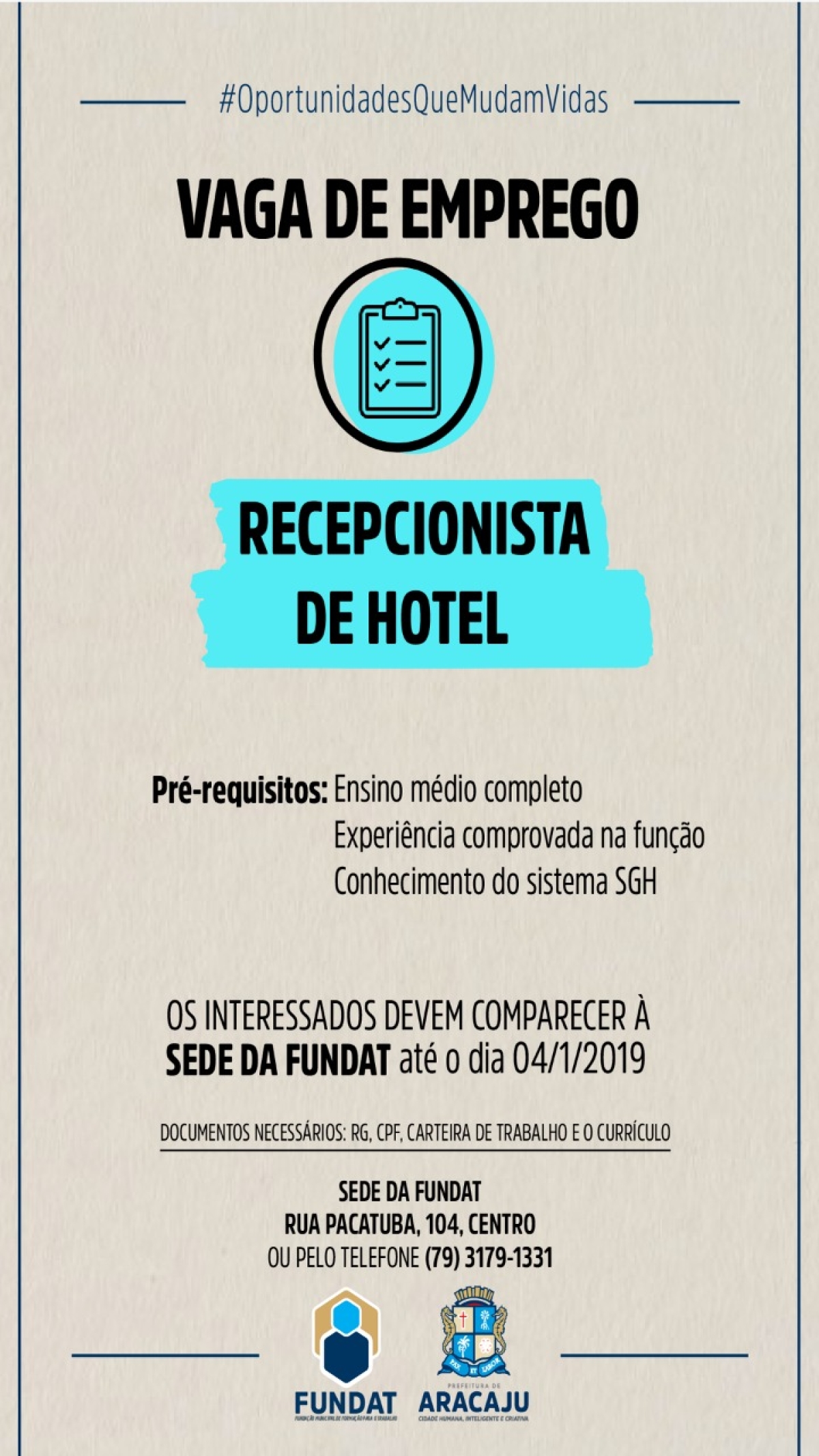 Fundat Aracaju está com vaga de emprego para recepcionista de hotel  (Imagem: Divulgação/ Fundat/Aracaju)