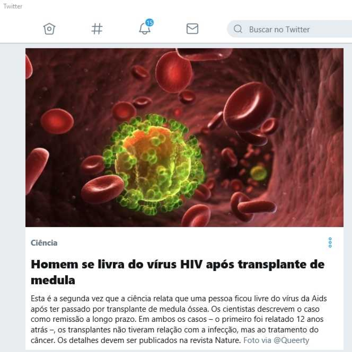 Homem se livra do vírus HIV após transplante de medula (Imagem: Reprodução/ Twitter)