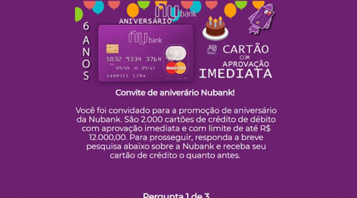 Nubank faz aniversário e envia cartões de crédito sem consulta ao SPC e Serasa? (Imagem: Reprodução)