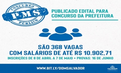 Inscrições para concurso público da Prefeitura de Salvador, na Bahia, começam no dia 8 de abril (Imagem: Divulgação)
