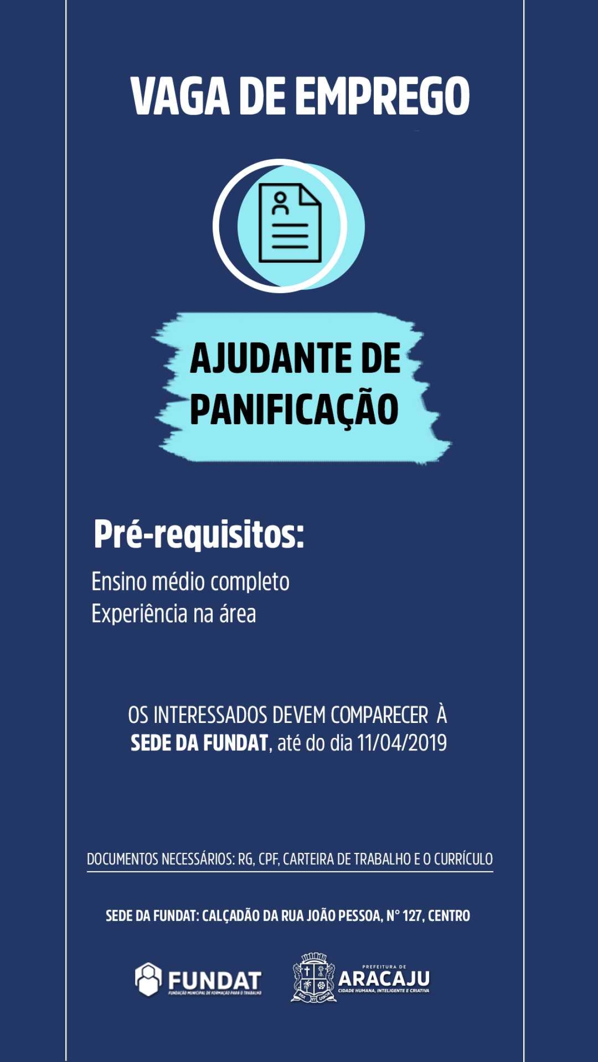Fundat está com vaga de emprego para ajudante de panificação (Imagem: Divulgação/ Fundat/Aracaju)