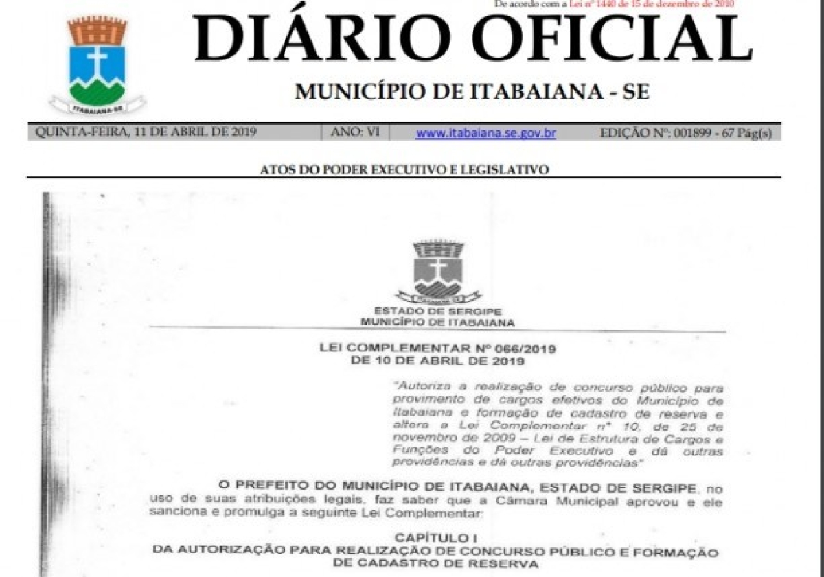 Prefeitura de Itabaiana publica Lei no Diário Oficial que autoriza realização de concurso público para diversos cargos (Imagem: Reprodução)
