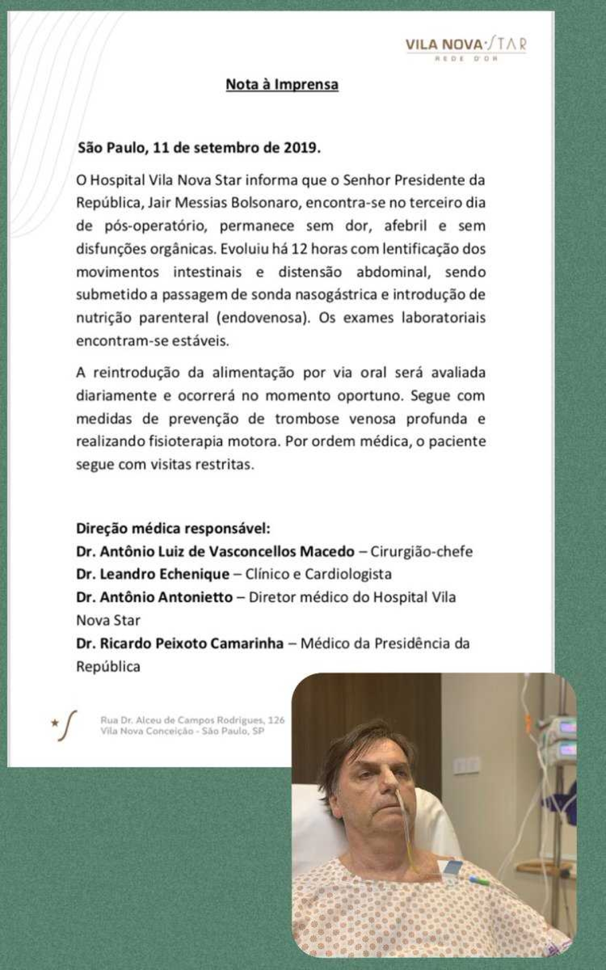 Bolsonaro tem dieta oral suspensa e vai para alimentação endovenosa (Imagem: Reprodução/ Twitter/ Jair M. Bolsonaro)
