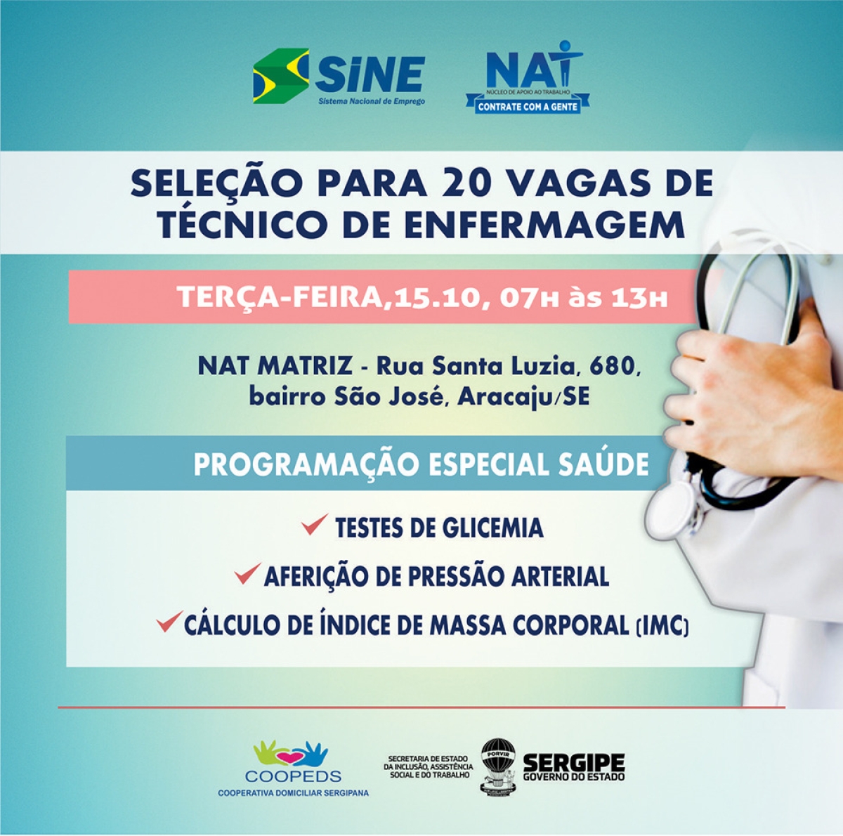 NAT e Coopeds recrutam mais 20 Técnicos em Enfermagem na terça-feira, 15 de outubro (Foto: Divulgação/ Seit/SE)