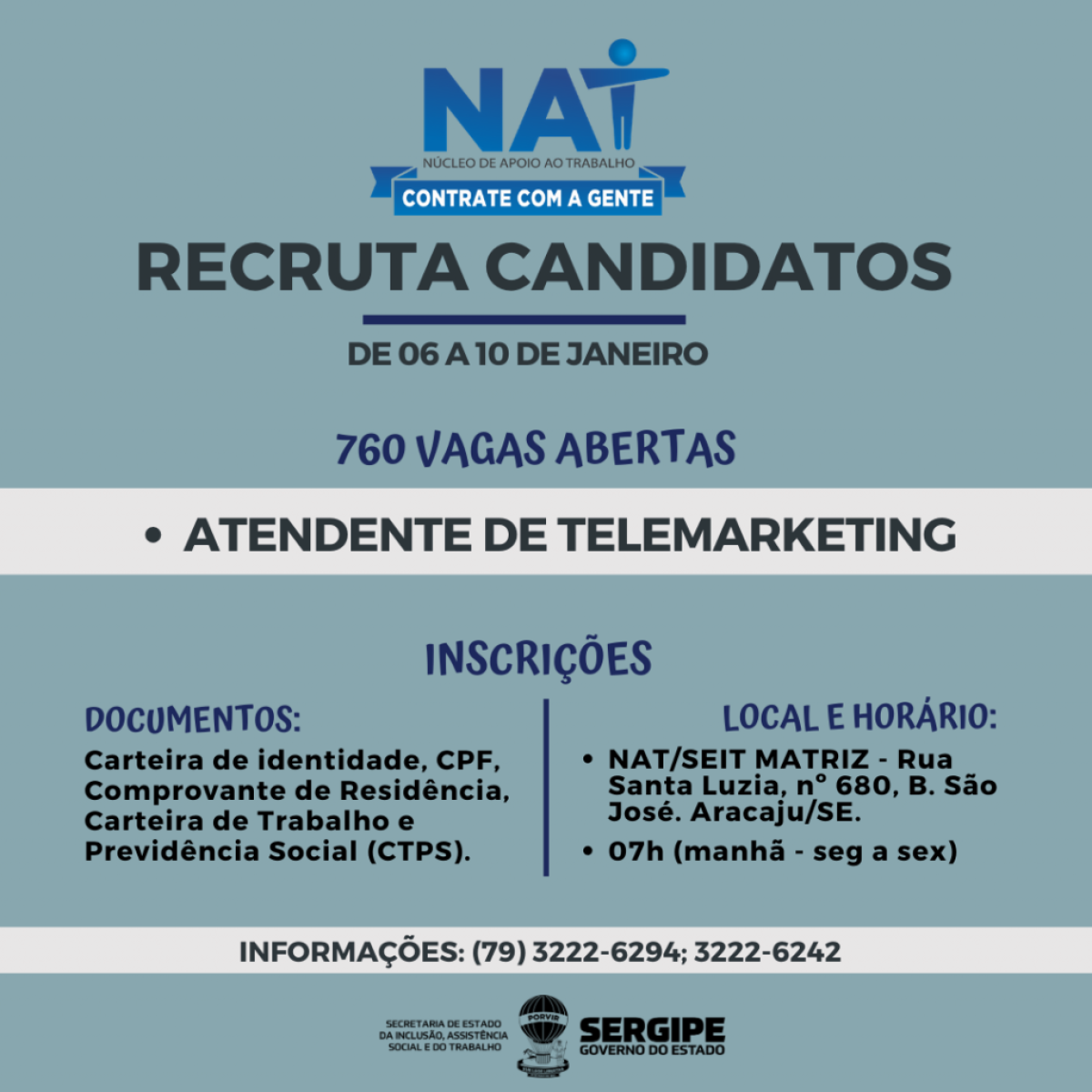 NAT/SEIT recruta candidatos para 760 vagas de atendente de telemarketing na próxima semana (Imagem: Seit/ Governo de Sergipe)