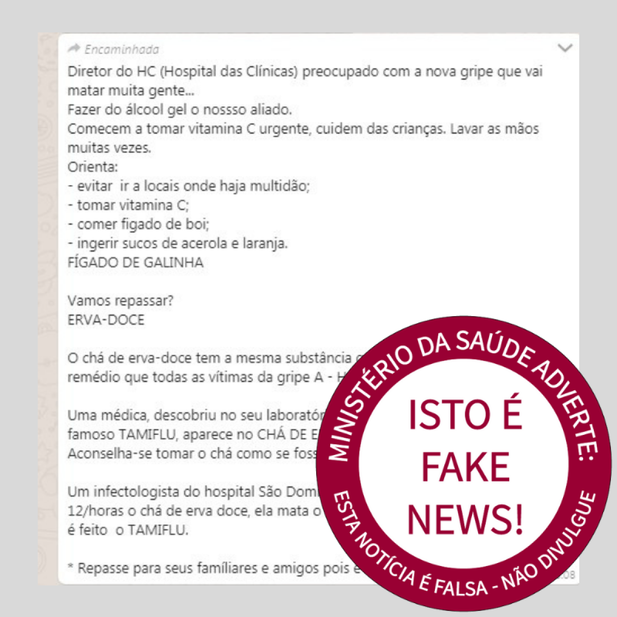 Nova gripe fatal e chá de erva doce - ? FAKE NEWS! (Imagem: Ministério da Saúde)