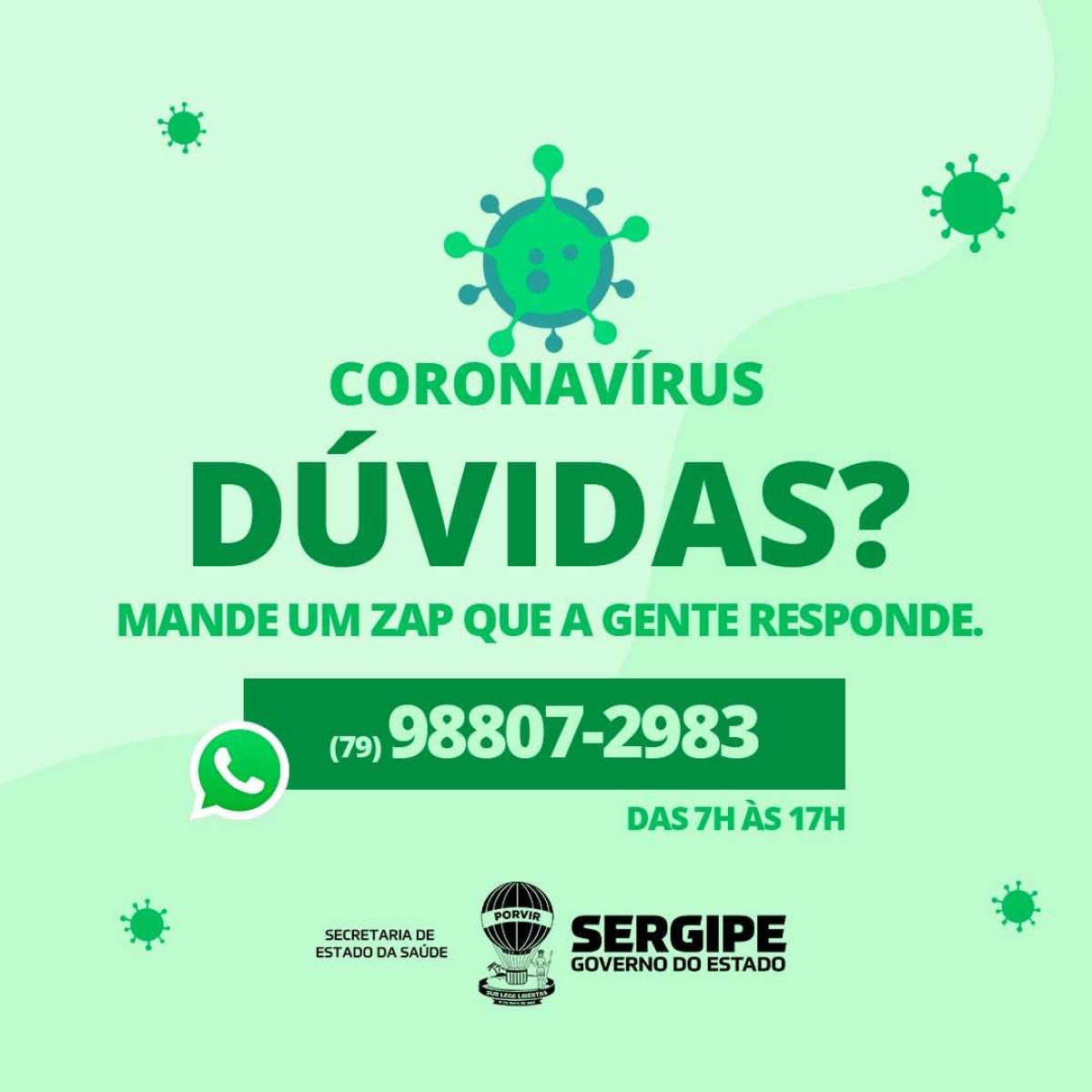 Governo de Sergipe disponibiliza Whatsapp para sanar dúvidas sobre Coronavírus (Imagem: Divulgação/ SES/SE/ Governo de Sergipe)