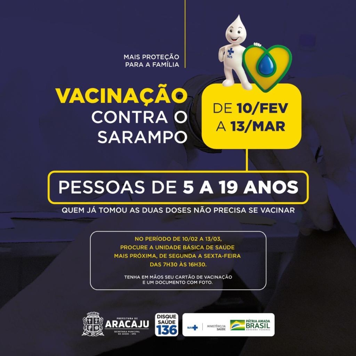 Campanha Nacional de Vacinação contra o sarampo encerra na próxima sexta, dia 13/3 (Imagem: Divulgação/ SMS/ Prefeitura de Aracaju)