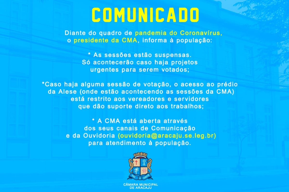 NOTA OFICIAL: Câmara de Aracaju suspende Sessões (Imagem: CMA)