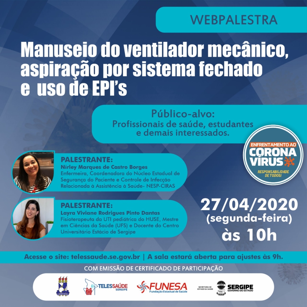 Webpalestra abordará manuseio correto de equipamentos e EPI´s pelos profissionais da saúde (Imagem: Divulgação/ SES/SE)