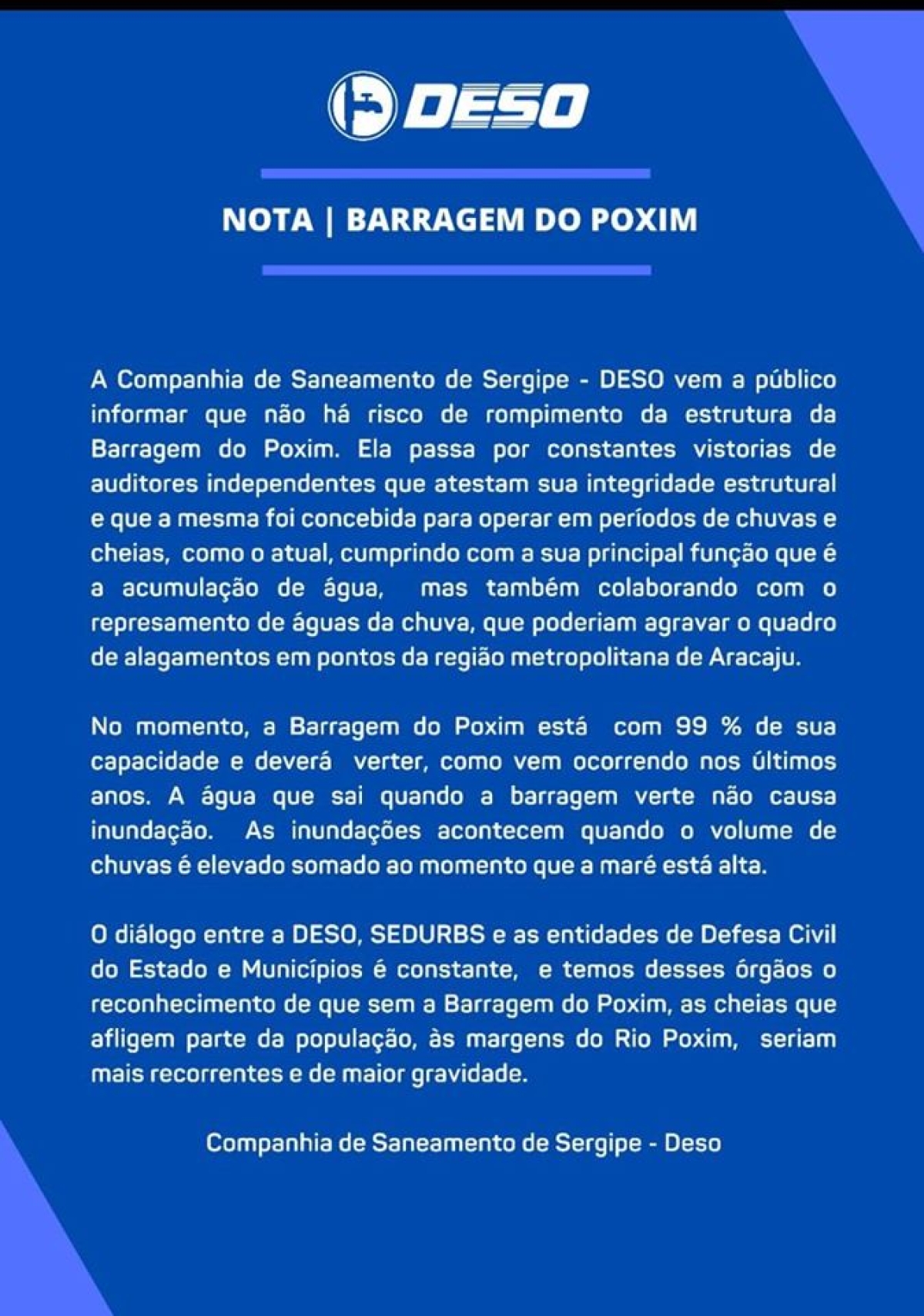 Barragem do Poxim: Deso emite nota (Imagem: Deso/SE)