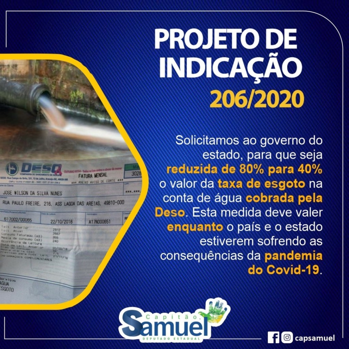 Capitão Samuel faz indicação para redução de 40% na taxa de esgoto da Deso (Imagem: Site Capitão Samuel)