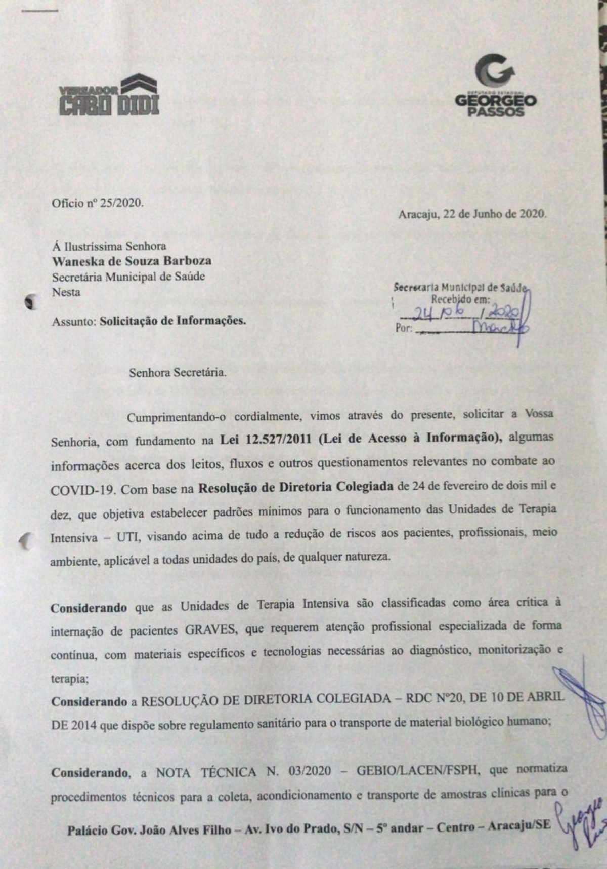 Georgeo Passos e Cabo Didi pedem informações a Secretaria Municipal de Saúde sobre funcionamento da rede durante a pandemia (Imagem: Site Georgeo Passos)