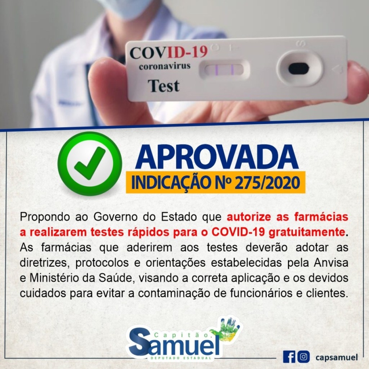 Farmácias devem realizar testes rápidos para COVID-19 (Foto: Site Capitão Samuel)