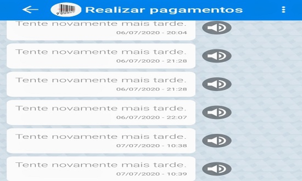De acordo com os relatos, na hora de realizar a quitação de algum débito a função ??realizar pagamentos? sempre dá erro, pedindo ao usuário que ??tente novamente mais tarde (Foto: Enviada por Internauta)