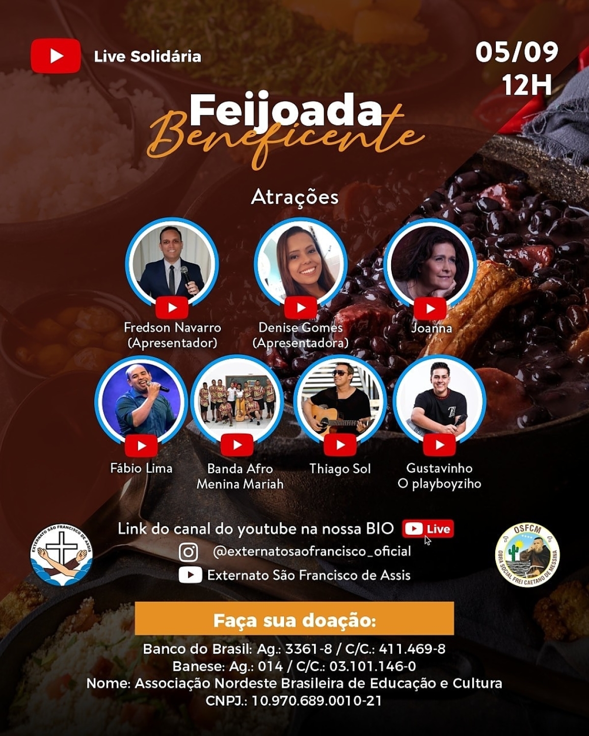 Artistas vão comandar Live da "Feijoada Beneficente" do Externato São Francisco (Imagem: Divulgação)