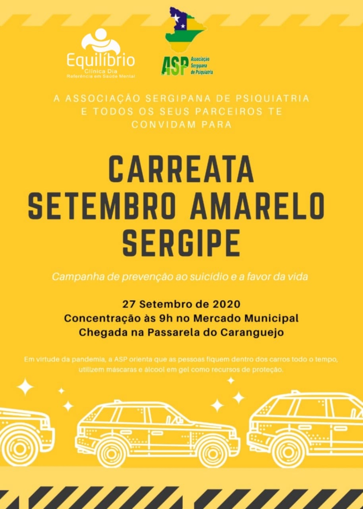 Carreata do Setembro Amarelo acontece em Aracaju neste domingo, 27/9 (Imagem: Divulgação/ Associação Sergipana de Psiquiatria)