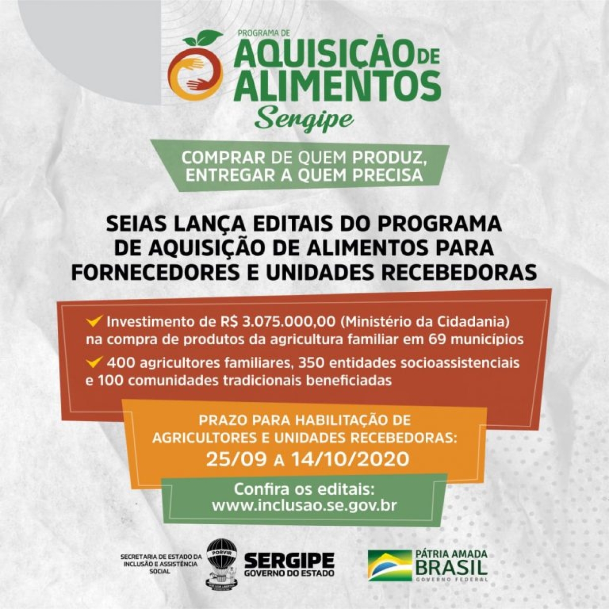SEIAS lança editais do Programa de Aquisição de Alimentos para fornecedores e unidades recebedoras (Foto: Divulgação/ Seit/ Governo de Sergipe)