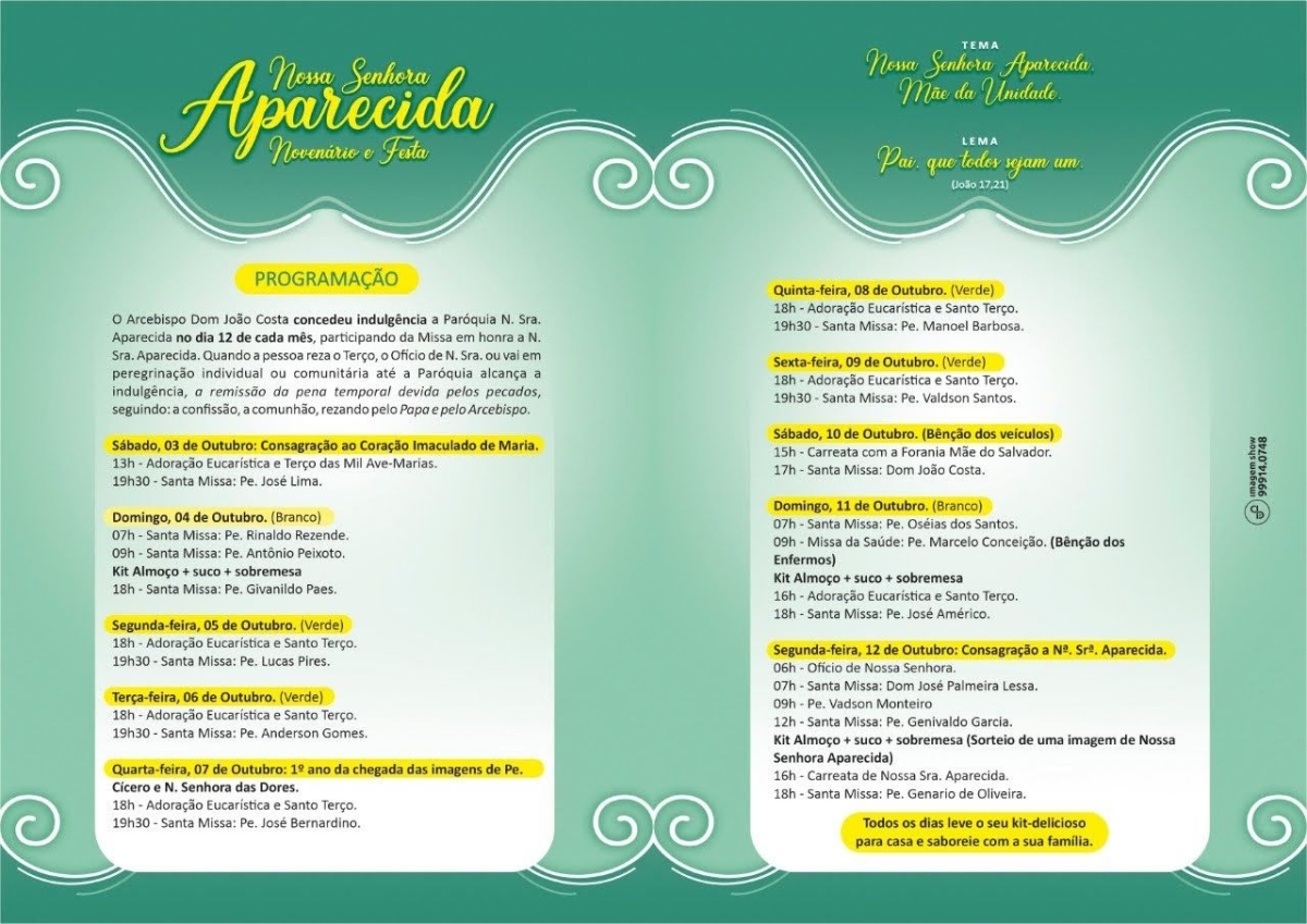 Celebração acontecerá entre os dias 3 a 12 de outubro (Imagem: Reprodução/ Facebook/ Paróquia Nossa Senhora Aparecida)