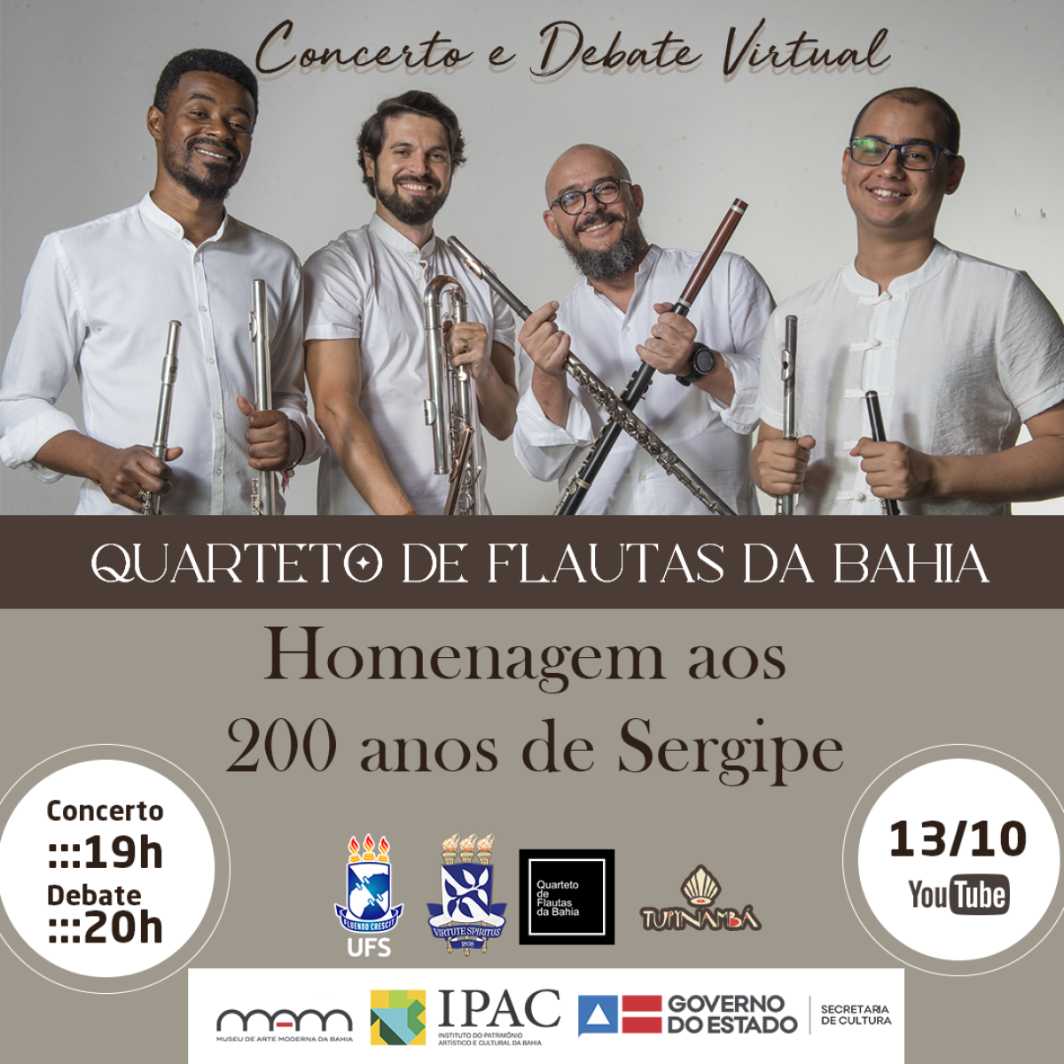 Quarteto de Flautas da Bahia, em parceria com UFS e UFBA, promove concerto virtual inédito em homenagem aos 200 anos de Sergipe (Imagem: Divulgação)