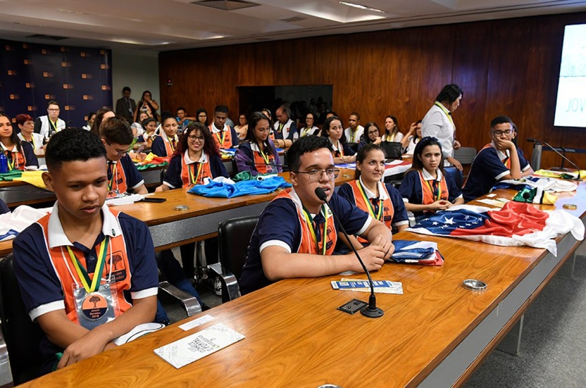 Alunos participantes da edição de 2019 do Jovem Senador em reunião no Senado (Foto: Roque de Sá/ Agência Senado)