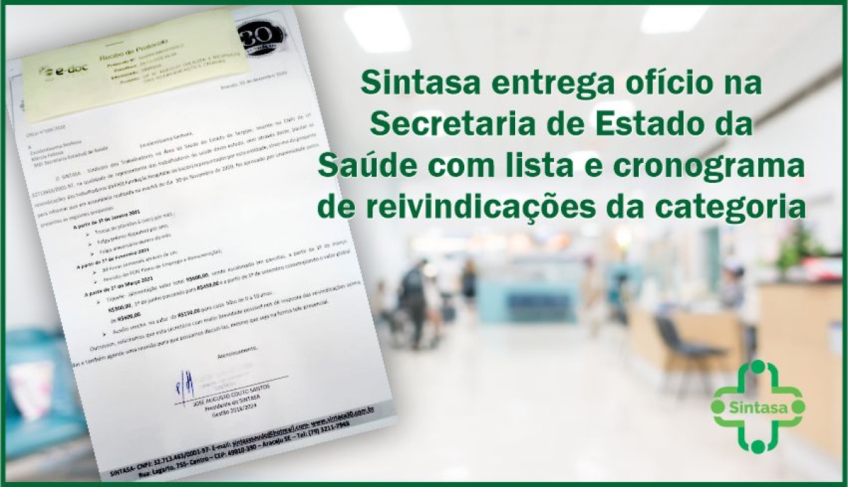 Sintasa entrega ofício na Secretaria de Estado da Saúde com lista e cronograma de reivindicações da categoria (Imagem: Sintasa/SE)