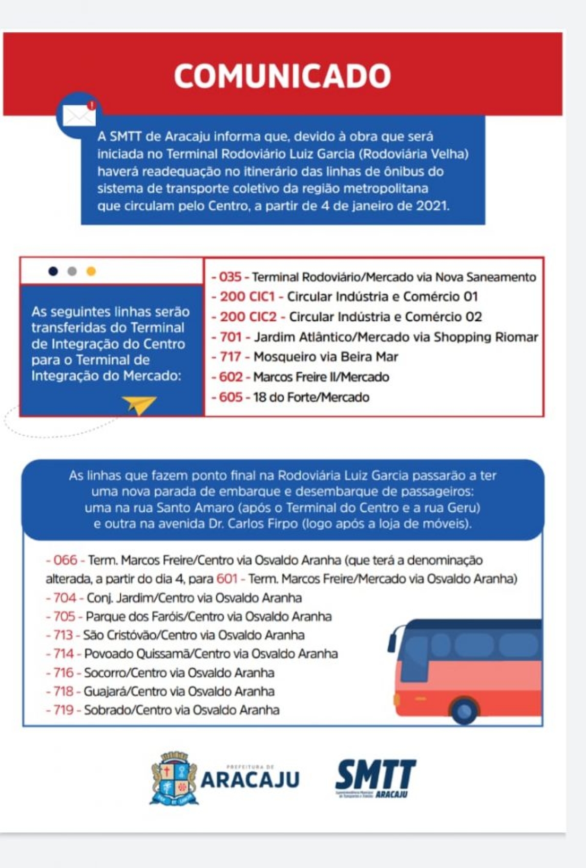Linhas são alteradas devido reforma no Terminal Rodoviário Luís Garcia (Imagem: Setransp Aracaju)