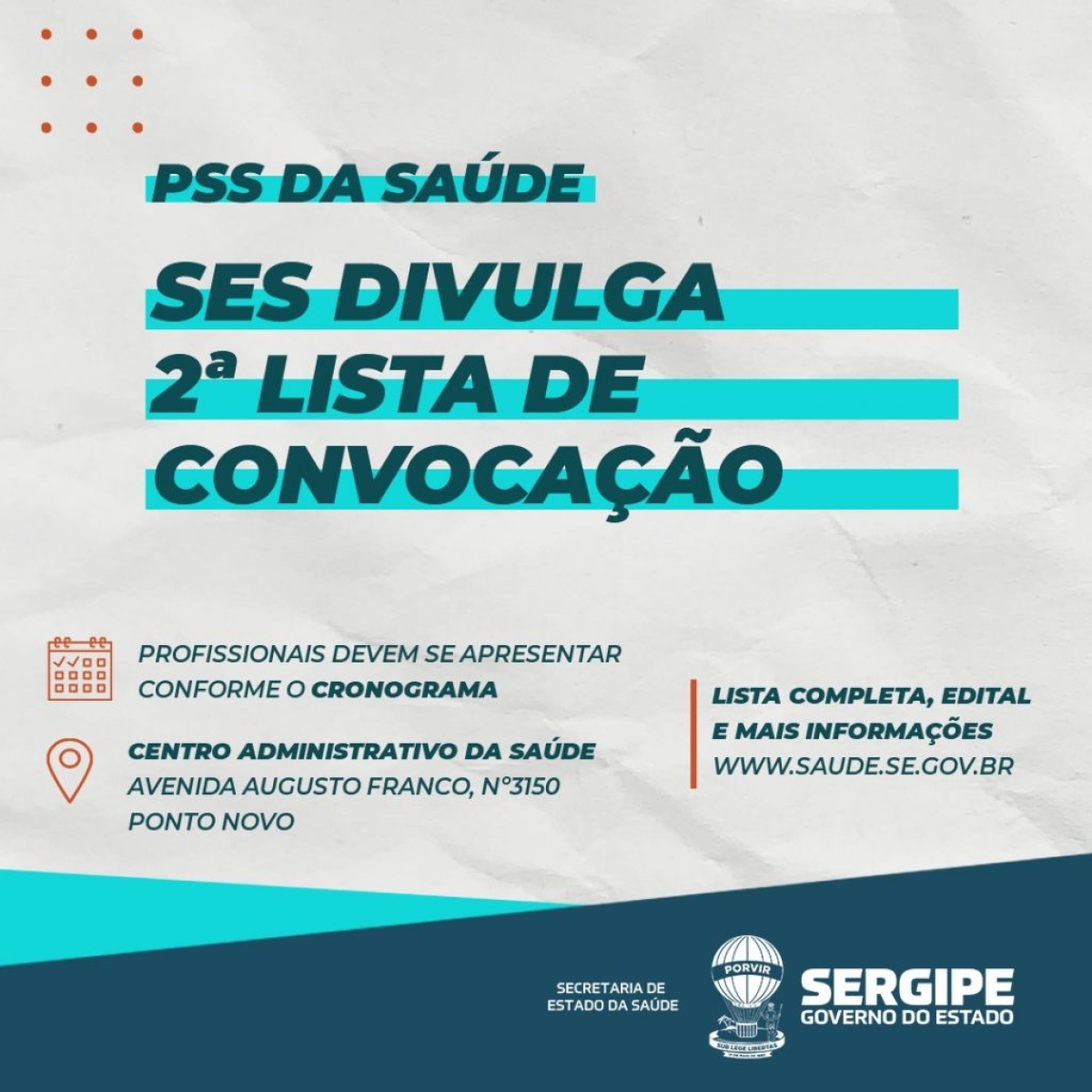 Secretaria de Estado da Saúde divulga 2ª lista de convocados do PSS (Imagem: Divulgação/ SES/SE)