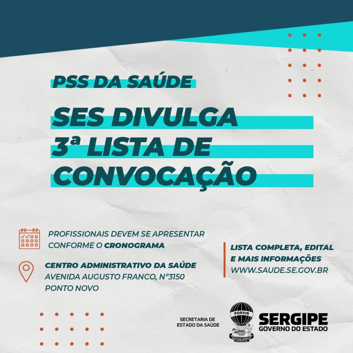 PSS: Secretaria de Estado da Saúde divulga 3ª lista de convocados (Foto: SES/SE)