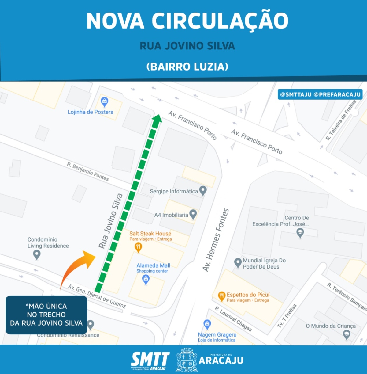 SMTT muda circulação da rua Jovino Silva, no Luzia, a partir desta terça-feira, 12/1 (Imagem: Divulgação/ SMTT Aracaju)