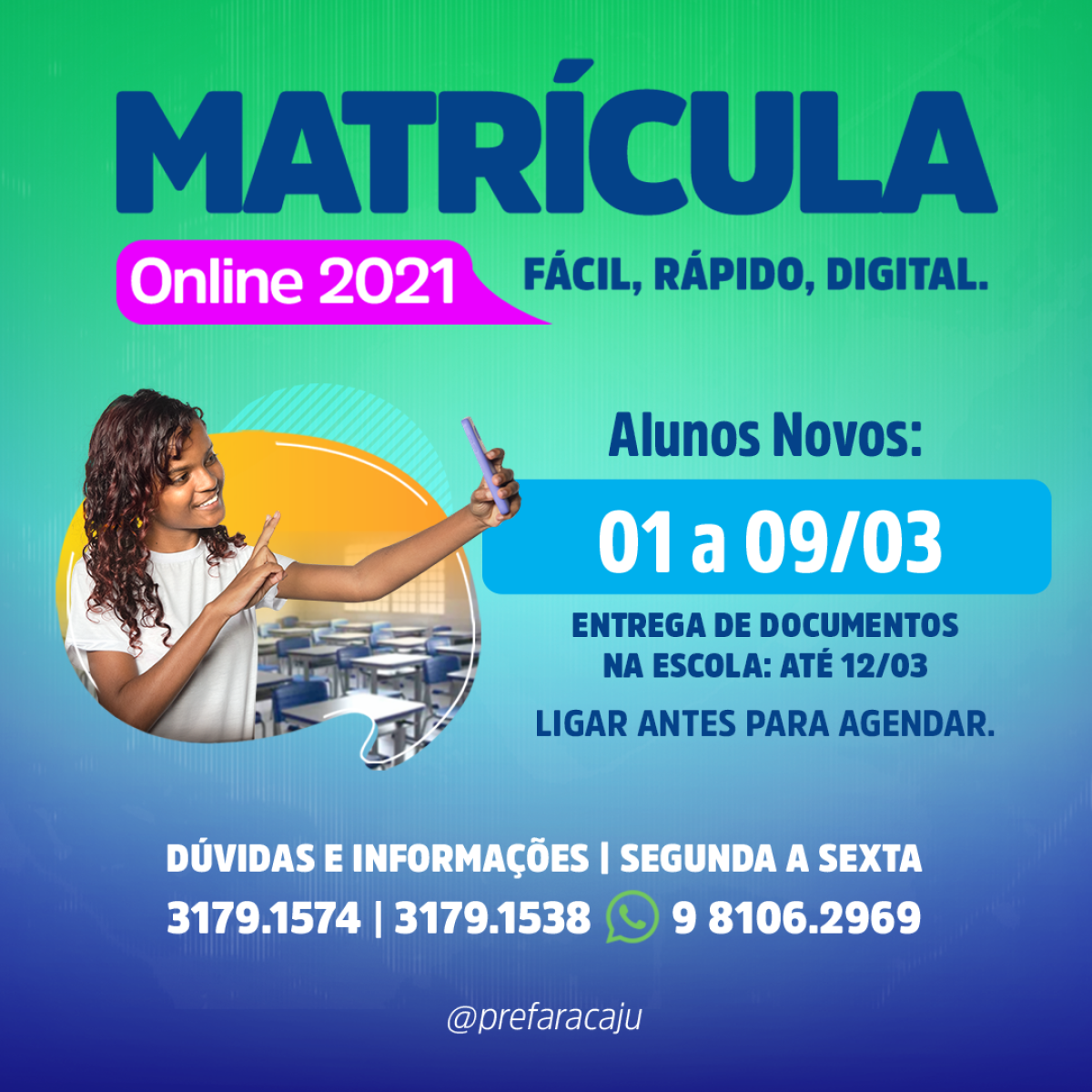 Matrícula online para ingresso nas escolas municipais começa nesta segunda, dia 1º (Imagem: Prefeitura de Aracaju)