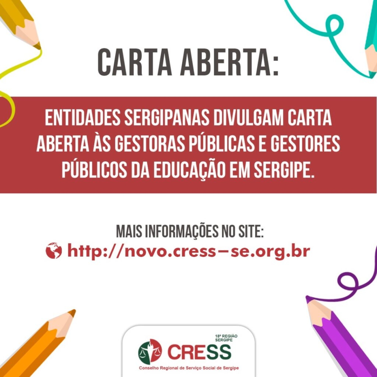 Comitê Sergipano divulga Carta Aberta aos gestores públicos da educação em Sergipe (Imagem: Divulgação/  Cress/SE)