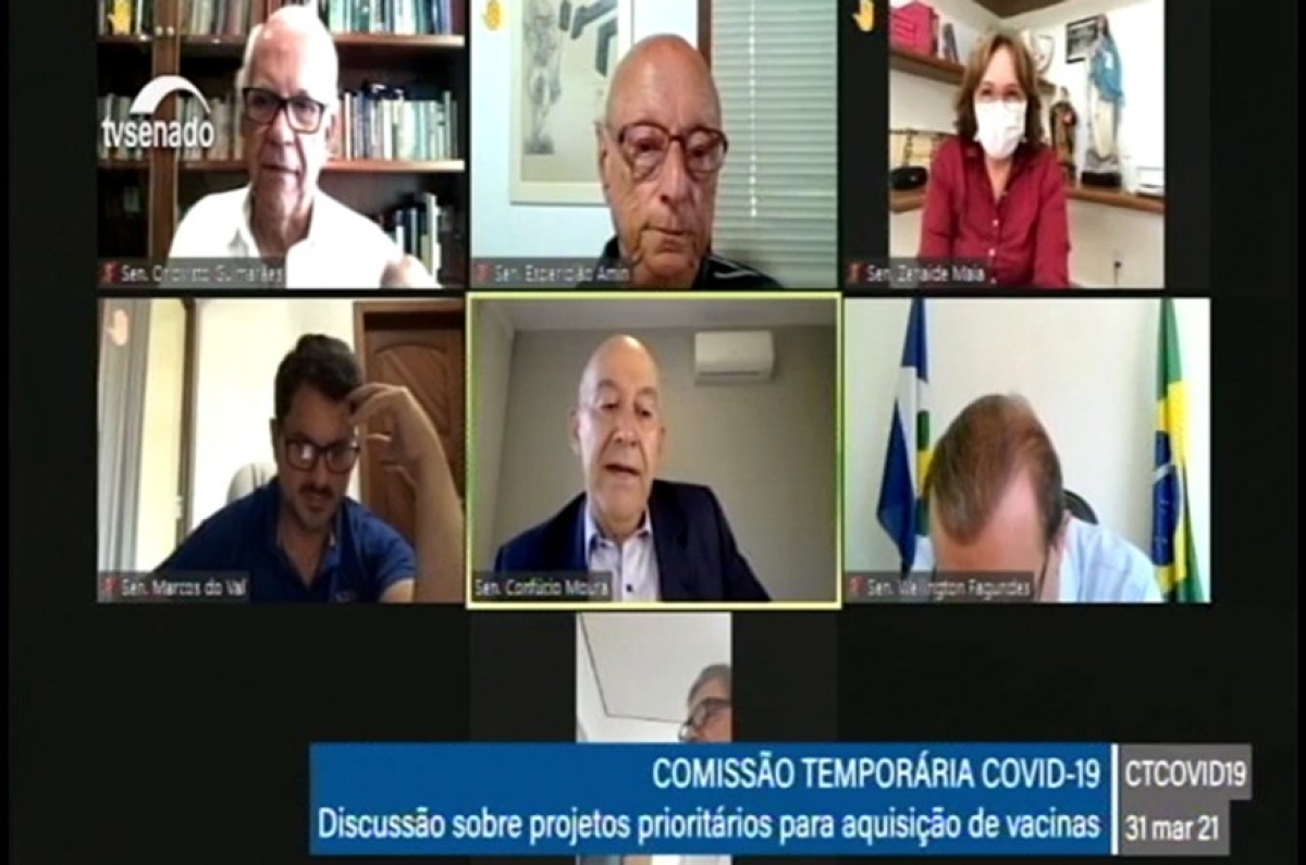 Confúcio (ao centro) e outros senadores na reunião remota da comissão, nesta quarta (Foto: Reprodução/ TV Senado)