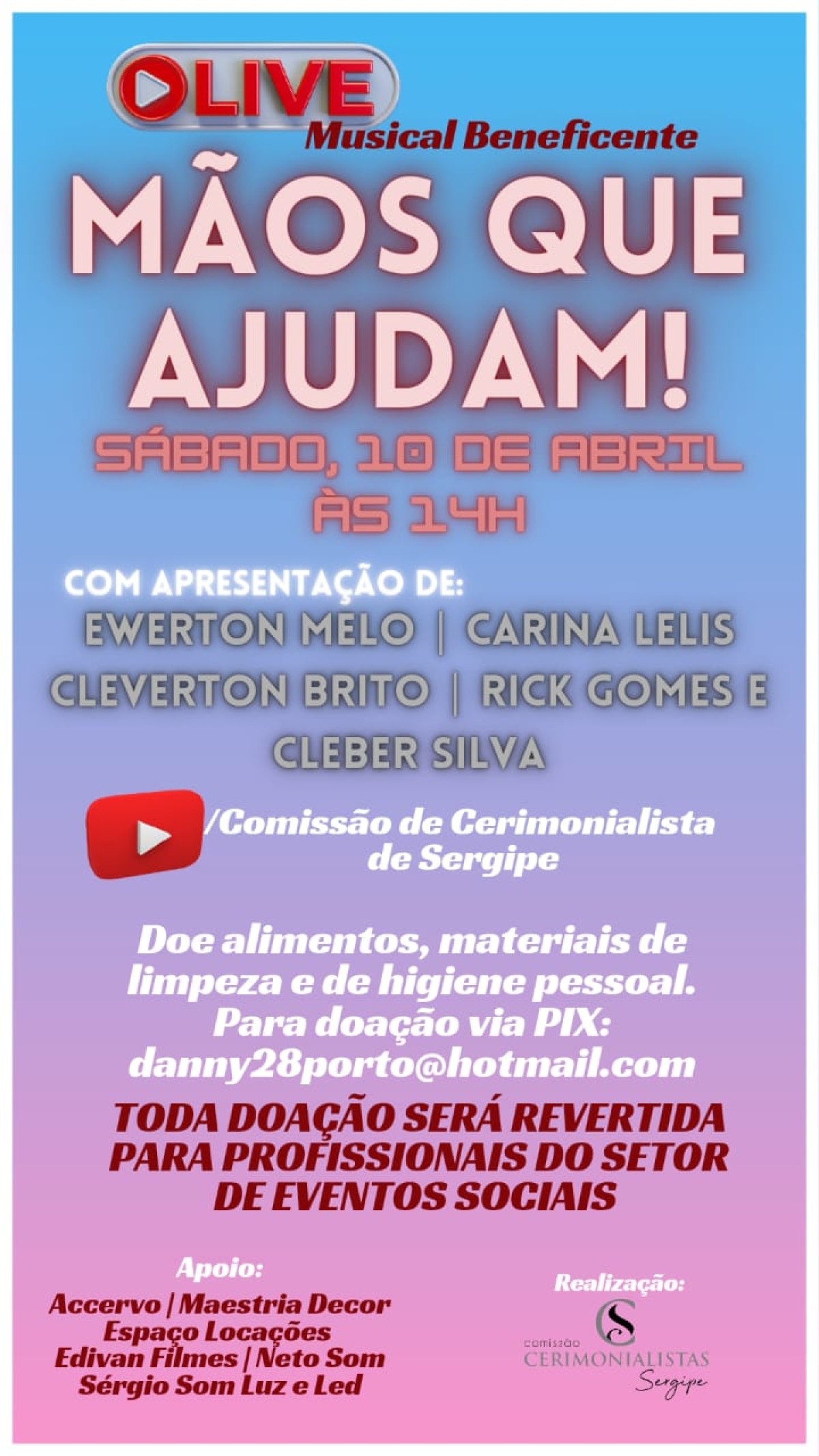 Comissão de Cerimonialistas de Sergipe realiza live beneficente (Imagem: Divulgação)